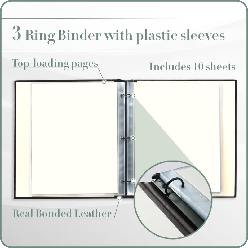 Gallery Leather 3 Ring Binder with Plastic Sleeves  Includes 10 Sheets  Sheet Size: 8.5"" x 11"" - Presentation Binder Rings with Window and Hubbed Spine  Thick: 0.75"" Freeport Black - Image 4